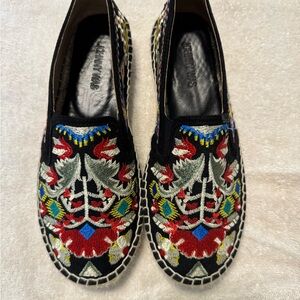Johnny Was Black and Red Espadrilles with Intricate Embroidery